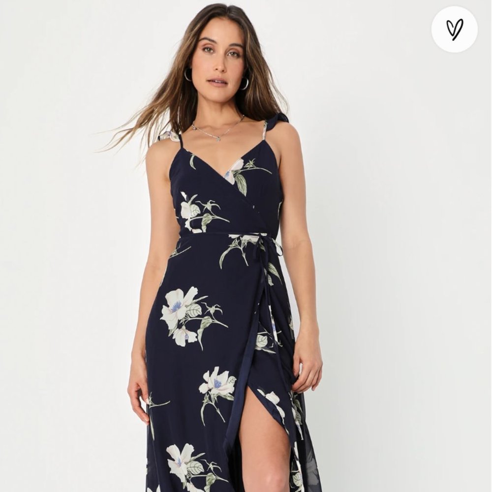 All Mine Navy Blue Floral Print High-Low Wrap Dress Size Small
